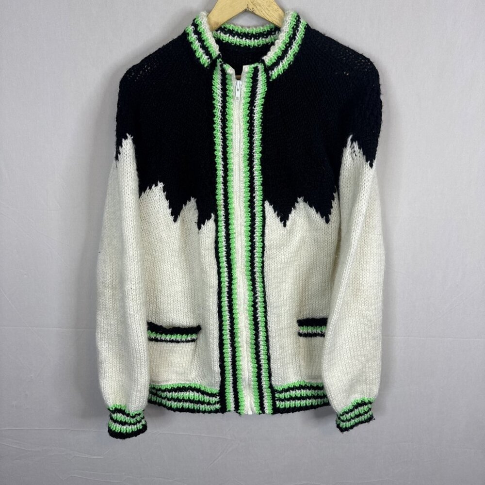 Vintage Hand Knit Zip Sweater Women’s L Black White Neon Green